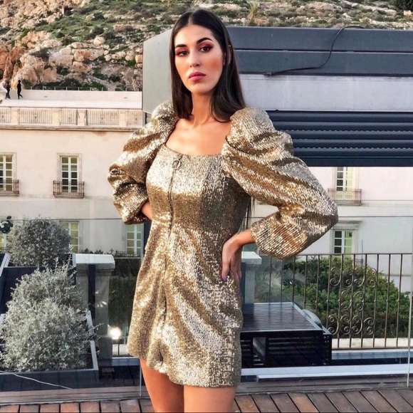 Zara NWT Bloggers Favorite Golden Sequin Puff Sleeve Zipped Party Shimmer Dress - Picture 6 of 16